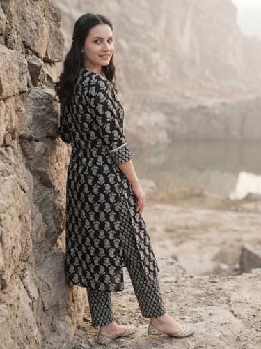 INDO ERA Women's Off White Cotton Blend Floral Printed Straight Fusion Kurta & Palazzo Set 5