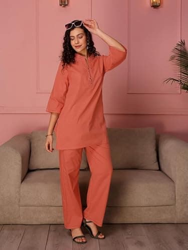 TITTLI Women Pure Cotton Co-Ord Set | Straight Tunic & Trouser Set | Mandarin Collar 3/4 Sleeve and elasticed Waistband Casual Two Piece Outfit | M | L | XL | XXL Peach 5