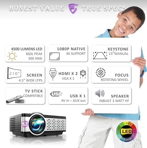 E Gate i9 Pro-Max 4X Brighter Bluetooth Projector 4k Ultra HD,400 ISO Lumens & 840fc Mega Brightness, Full HD 1080p Native, 210" (534 cm) Screen | AV, VGA, HDMI, SD Card, USB, AUX, inbuilt Speaker 3