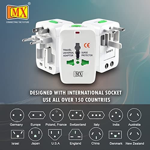 MX Universal Travel Adapter International All in One Worldwide Travel Multi Plug Adapter with Build in Single Port USB Charger Multi Type Power Outlet for USA EU UK AUS Cell Phone Laptop smart Phone 5