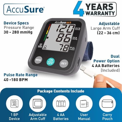 AccuSure AS9 Fully Automatic Digital Blood Pressure Monitor With Large Display, Most Advance Technology & Accurate Measurement - Arm Circumference (22-36Cm) includes Type-C USB power port, 4-Year Warr 4
