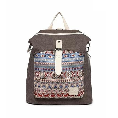 SAMRUKZONE SRZ Ethnic Print Convertible Canvas Backpack for Women 3-in-1 Multi-Way Carry Shoulder Bag Handbag Backpack Travel College & Office Daily Use Bag (38x30x14 cm) (GREYISH_BROWN)