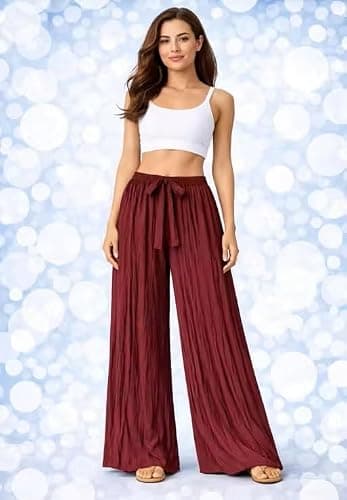 Women’s Palazzo Pants – Fit Elastic Waist Drawstring Trousers with Belt | Free Size Casual Lounge Wear | High Waist Flowy Wide Leg Palazzo, Office & Travel. (in, Alpha, 3XL, Plus, Wine) 4
