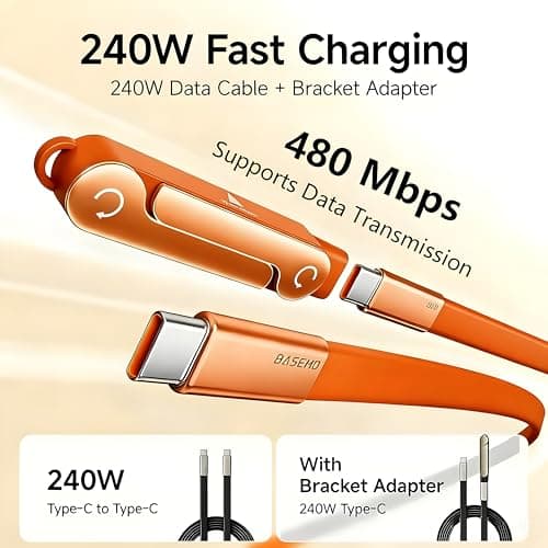 2 in1 240W USB C to USB C Fast Charging Cable with Adjustable & Detachable Phone Stand, Multi-Angle Type C Charger Cord for Smartphones, Tablets & Laptops, High-Speed Data Transfer Charging Cable 5