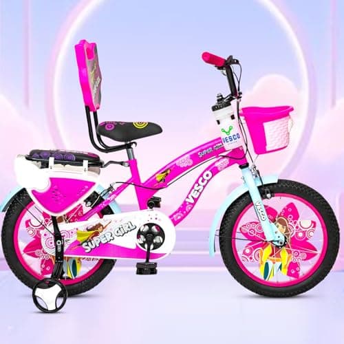 VESCO Super Girl 16T Cycle for Kids Girls with Balance Wheel & Back Carrier | Rigid Fork | Frame 11 Inch | Ideal for 4 to 6 Years Girls Kids Bike (Pink)