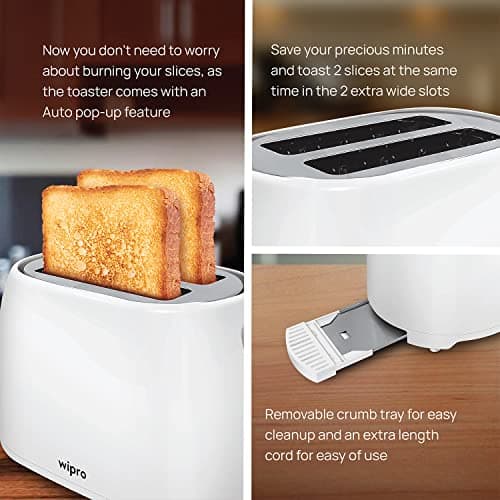Wipro Vesta Bread Toaster BT101 750 Watts Auto Pop up with Removable Crumb Tray, 7 Browning Levels (White), Standard 4