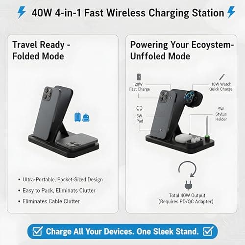 Navdevi 4 in 1 Foldable Wireless Charging Station, Fast Multi-Device Charging Stand 40W Compatible with iPhone, Apple Watch, AirPods, and Qi-Enabled Phones, Travel-Friendly Portable Power Dock (Black) 2