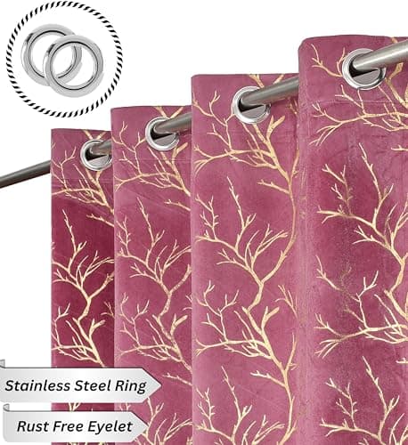 Panipat Textile Curtain Heavy Velvet Fabric Room Darkening Tree Design Curtains 8 Feet for Door, English Wine, Pack of 2 Pieces 3