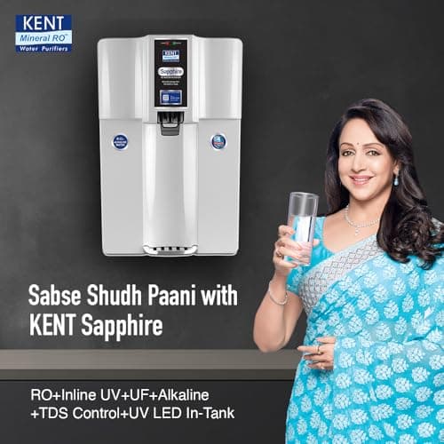 KENT Sapphire RO Water Purifier|RO+UF+Inline UV+Alkaline+TDS Control+UV LED in Tank | Fully Automatic On & OFF Operation|.0001 Micron RO Membrane|20 LPH| 8L| Ideal For Borewell/Tanker/Municipal Water 2