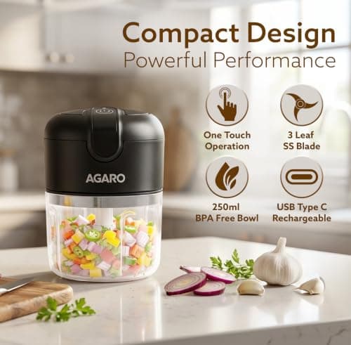 AGARO Elite Rechargeable Mini Electric Chopper, Food Grade Bowl, Stainless Steel Blades, Rechargeable, One Touch Operation, for Chopping Garlic, Ginger, Onion, Vegetable, Nuts, 250 Ml, Black 2