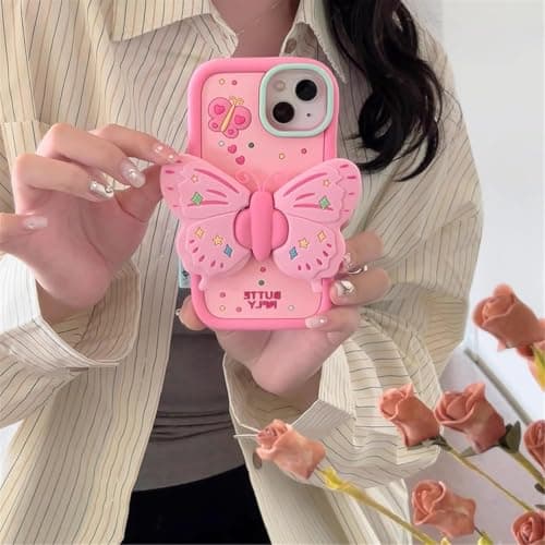 Case Creation 3D Wings Pop Butterfly Phone Case For iPhone 11/12/13/14/15/16/17 Pro Max Air Plus, Pink Cute Glam Aesthetic Back Cover With Built-in Grip Phone Stand For Girls Women (iPhone 17 Pro Max) 3