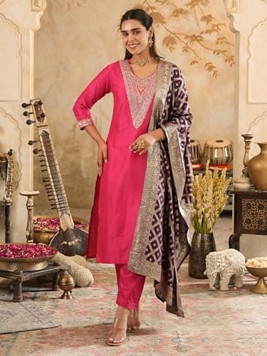 INDO ERA Women's Silk Blend Yoke Sequins Embroidered Straight Calf Length Kurta with Pant & Dupatta Set (Pink_IESTR10960_XX-Large) 5