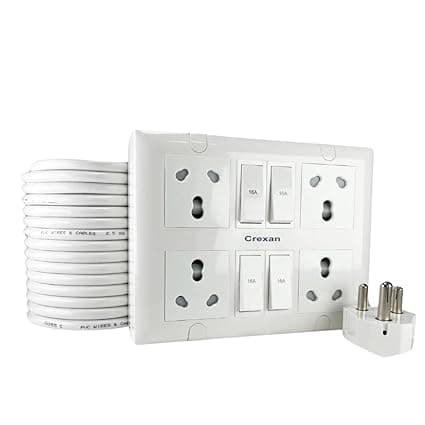 Extension Board 16A - 2500 Wattage with 6A/16A Socket(with Safety Shutter)+ 16A Switch, 2.5 Sq.mm 3 Core White Copper Wire for Heavy Duty Home Appliance (2500 Wattage Big Plug, 2 Meter)