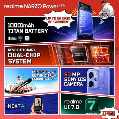 realme NARZO Power 5G (Titan Blue,8GB+256GB) 10001mAh Power. Stay Unstoppable. | 144Hz Curved+ AMOLED Display | Revolutionary Dual-Chip System | 50MP Sony OIS Camera 2