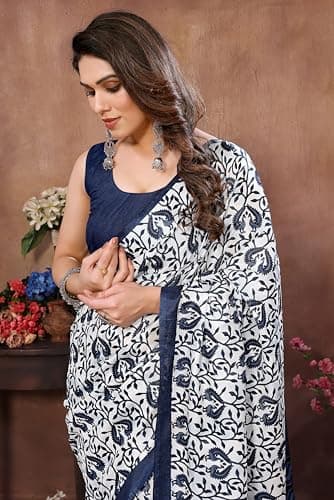SAREEZAA Women's Dola Silk Floral Printed Woven Sequence Zari Border Saree with Unstitched Blouse Piece (Blue) 4