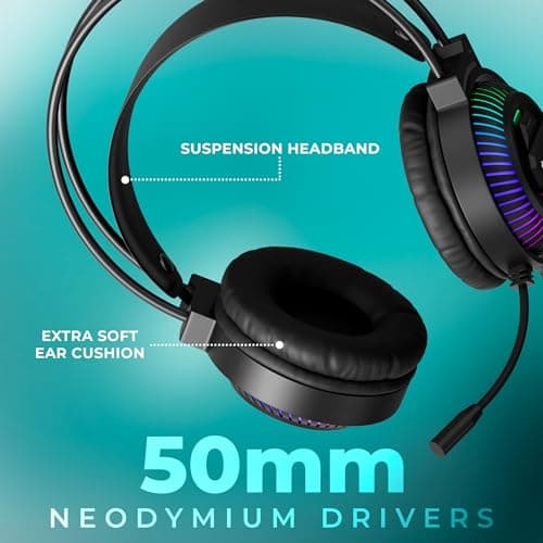 ZEBRONICS Jupiter 3.5mm Premium Gaming Over Ear Headphone with 50mm Neodymium Drivers, Extra Soft Ear Cushion,Suspension Headband, Braided Cable,Volume Controller, Multicolor Lights, Pop Filter 2