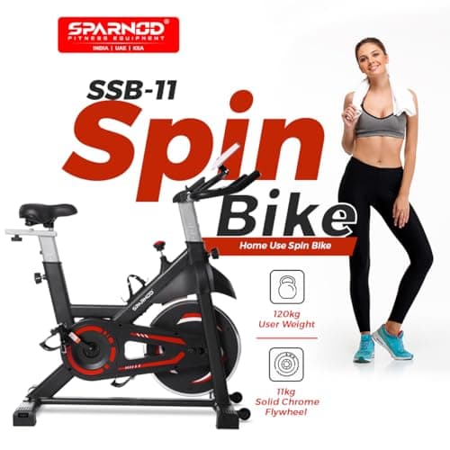 Sparnod Fitness SSB-11 Spin Bike with 11 kg Heavy-duty Flywheel, LED Display, Pulse Sensor, Silent Belt Drive System, Adjustable Resistance, 4way Adjustable Cushioned Seat, 2way Adjustable Handlebars. 3