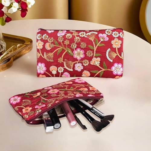 Kuber Industries 3 Pcs Traditional Hand Purse Ladies with Zip | Embroidery Wallet Purse for Women| Return Gift for Ladies | New Flower - Cream, Maroon & Light Pink 2