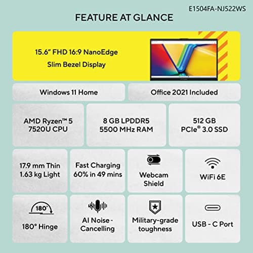 ASUS Vivobook Go 15 (2023), AMD Ryzen 5 7520U, 15.6-inch (39.62 cm) FHD, Thin & Light Laptop (8GB/512GB SSD/Windows 11/Office 2021/Alexa Built-in/Mixed Black/1.63 kg), E1504FA-NJ522WS 2