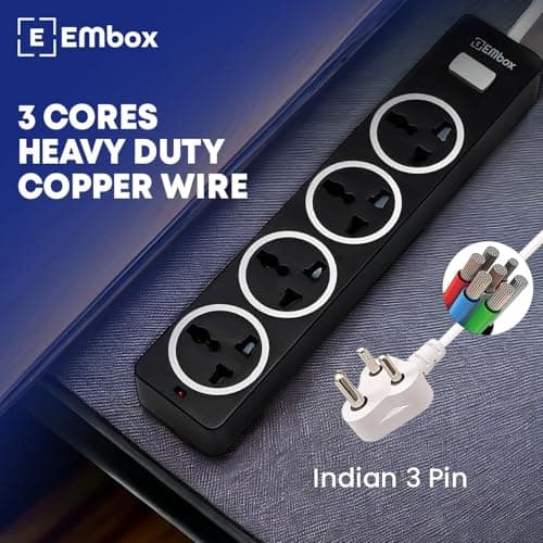 EMBOX 10A Extension Board with Master Switch-Extension Cord with 4 Universal Sockets-Spike Guard with Safety Shutter and LED Indicator-1500W (Black-5 Meter Cable) 2
