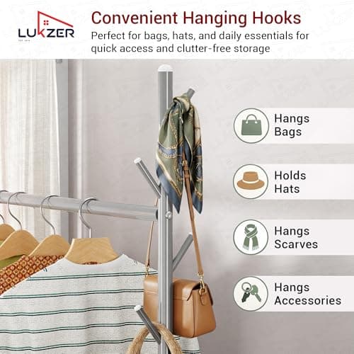 Lukzer | MGR-003 | Grey | Metal Clothes Hanging Stand with Wheels, Bottom Shelf & Single Rod – Stylish Garment Rack & Cloth Organizer for Entryway, Dressing Room & More | 173 x 110 x 35 cm 5