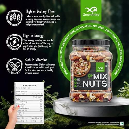GreenFinity Healthy Nutmix 500 Gram | Jar Pack | Dried Almonds, Black Raisins, Cashewnuts, Cranberries, Green Raisins, Walnut Kernels & Many More 4