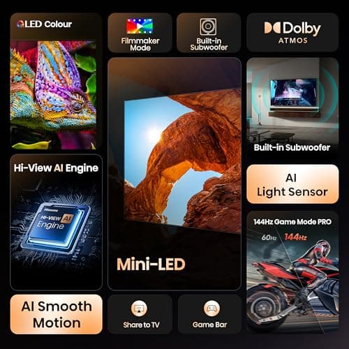 Hisense 139 cm (55 Inches) 4K QLED Mini LED Smart TV | 900 NITS Peak Brightness | 144Hz Game Mode | Dolby Vision IQ & Dolby Atmos | 2.1 CH 40W Speakers (Built-in Subwoofer) | VIDAA OS | 55U7Q (Black) 2