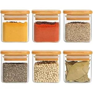 Airtight clear glass storage canister with wood lid food storage container jar with sealing bamboo lid for kitchen storage and multipurpose use (220ML SQUARE JAR, 6 PCS)