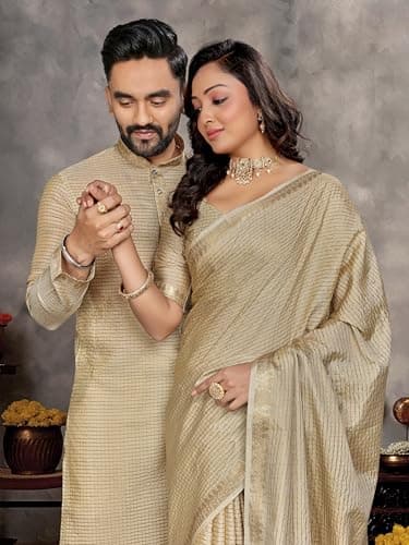 Couple Combo Saree and Kurta (Line Design) | Matching Set for Couples | (Free Size Sree) 4