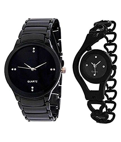 Acnos® Unisex Premium Couple Combo Black Dial Analog Watch Set of - 2, Band: Black