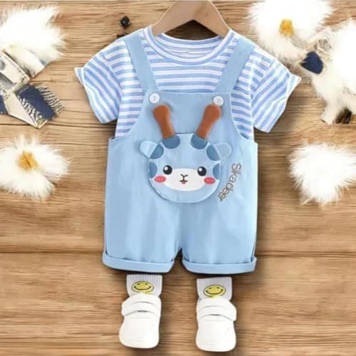 I.T Baby Boys Cotton Dungaree Romper Set with Printed T-Shirt | Soft Breathable Summer Wear for Infants & Toddlers | Casual Outfit for Playtime (6-9 month) 4