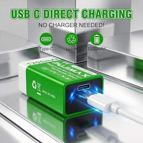 PUJIMAX 9V Rechargeable Lithium Battery 1200mAh — High‑Capacity 1200 Cycles with USB‑C Charger Cable, Long Life, 10‑Year Shelf Life, Reliable Output — 1‑Pack 2