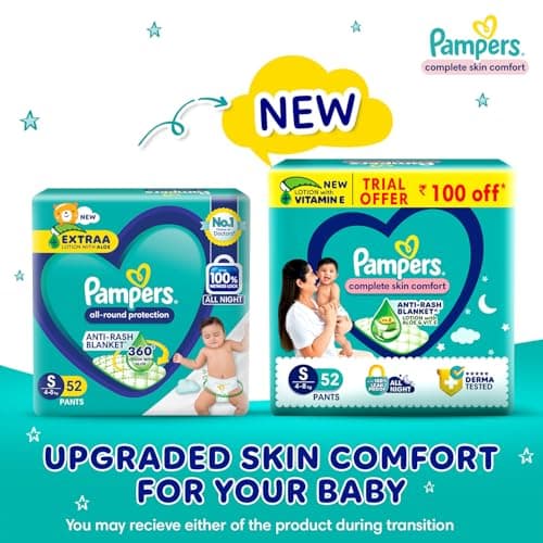 Pampers Complete Skin Comfort Pants, (SM) 52 Count, Anti-rash blanket, Lotion with Vitamin E & Aloe Vera, Small size baby diapers, 4-8 kg 2