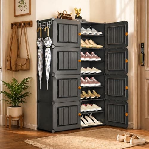 Mevigo 16-Tier Shoe Rack with 6-Doors| Holds 32 Pairs |Waterproof & Dustproof Modular Plastic Shoe Cabinet| Foldable Stackable Shoe Organizer with Metal Frame |Space Saving Storage for Home,Entry Way