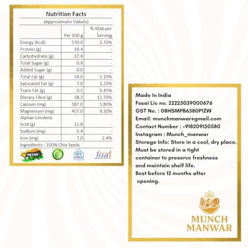MUNCH MANWAR Premium Raw Chia Seeds, Natural Superfood with Omega-3, Protein, Fiber, Gluten-Free, Non-GMO, for Weight Management, Smoothies, Baking (1 kg) 2