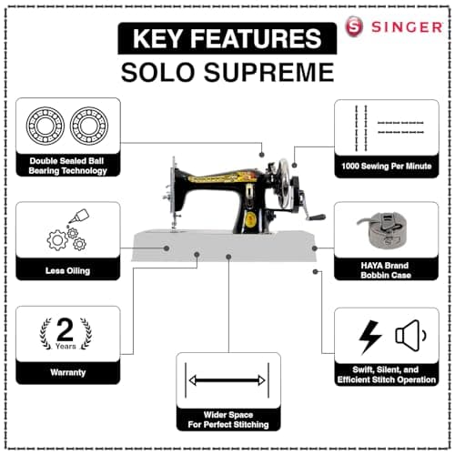 SINGER Black Sewing Machine Solo Supreme Unit Pack with Free Body Cover | Smoothest Fly Wheel | Double Sealed Ball Bearings Technology-First Time in World | 2 Years Warranty | Suitable For All Fabrics 4