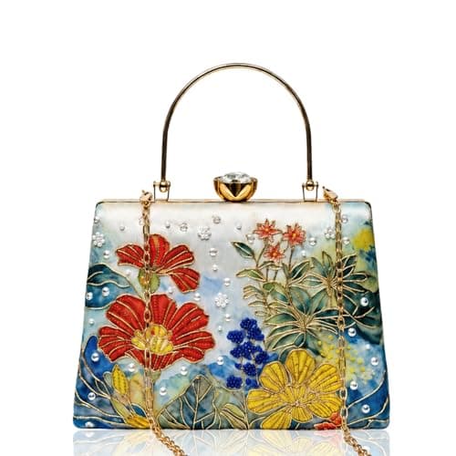 Artklim Blue Floral Artistic Embroidered Clutches for Women | Wedding Clutch Bag Stylish | Hand Clutches | Bridal Occasion Bag with Detachable Strap and Handle