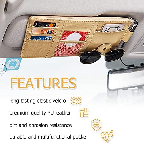 HSR Car Sun Visor Organizer, Sunglass Pen Card Small Document Storage Pouch Holder, PU Leather, Multi-Pocket with Zipper Net (Brown) 5