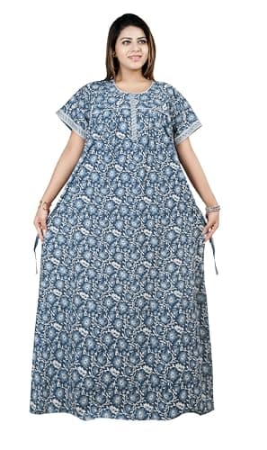 Nighty Maxi Gown for Women Front Zip Open | Pure Cotton Printed Floral Maxi Nighty Zip Style | Full Length Nightgown | Plus Size Loose Fit Summer Nightwear L -4XL (Firozi, 3XL)