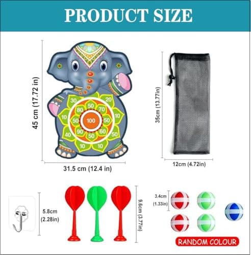 Amazon Brand - Jam & Honey Dart Game for Kids Cartoon Target Game Toy Sets Dart Board with 5 Velcro Balls and 1 Hanger -Children's Indoor Outdoor Sport Game Toys Gifts (Elephant (5 Balls and 3 Darts)) 3