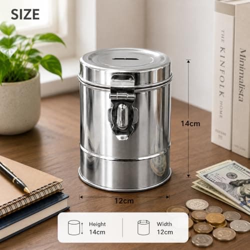 ALLISABLE Stainless Steel Money Box with Coin Slot Lid and Locking Clasp, Silver, Cylindrical Piggy Bank Pack of 1 10 * 14cm 4