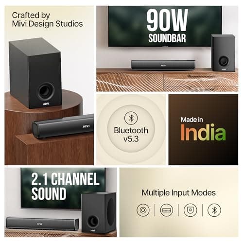 Mivi Hip Hop 300 Soundbar with Subwoofer, 90 Watts Compact Home Theatre Sound Bar and 1 External Sub-woofer, 2.1 Channel, Multiple Input Modes, Bluetooth v5.3, Made in India 2