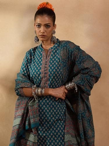 INDO ERA Women's Teal Pure Cotton Ethnic Motif Printed Straight Kurta & Pant with Dupatta Set (KH0TL5483_X-Small) 2