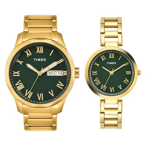 TIMEX Analog Watch for Couple with Green Round Dial & Gold Stainless Steel Bracelet Band Water Resistant Pair's Wrist Watches - TW00PR339