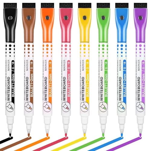 GLUN® Multicolour Whiteboard Markers Pens, Pack of 8 Dry Erase Markers with Eraser on Cap, Magnetic Washable Markers for White Board
