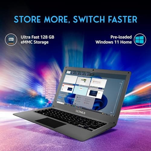 ULTIMUS Pro Intel Celeron Dual Core Laptop 4GB RAM, 128GB M.2 Emmc Expandable~512GB Intel HD Graphics 2.0x1 3.0x1 USB HDMI Sd Card Slot ‎LPDDR4 Dual Speaker Dual Microphone Win 11 Home Gray, 1.2 kg 4