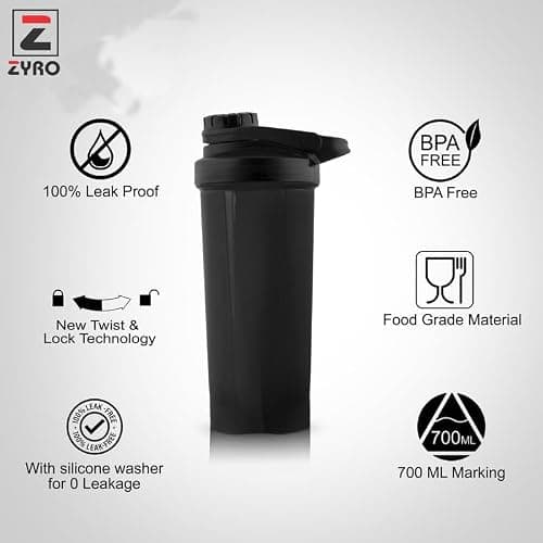 Zyro Bolt Gym Shaker Bottle 700ml, for Protein Shake 100% Leakproof Guarantee Protein Shaker/Sipper Bottle, Ideal For Protein, Pre Workout And BCAAs & Water BPA Free (Black, Pack of 1) 4