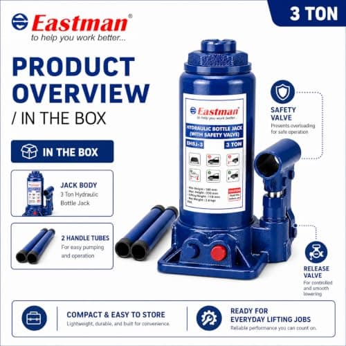 Hydraulic Bottle Jack 3 Ton Heavy Duty Steel Jack for Car, SUV, Truck Portable Hydraulic Lift Tool with Easy Pump Handle & Wide Base for Stability 3
