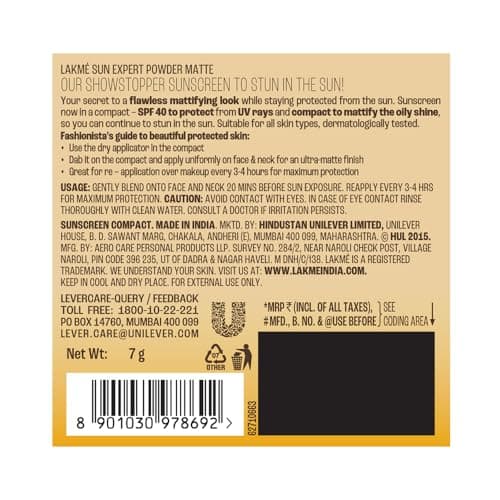Lakme Sun Expert Ultra Matte Spf 40 Pa+++ Compact|| Non Greasy Non Sticky|| For Indian Skin|| Gives Even-Tone Complexion|| 7 g 2