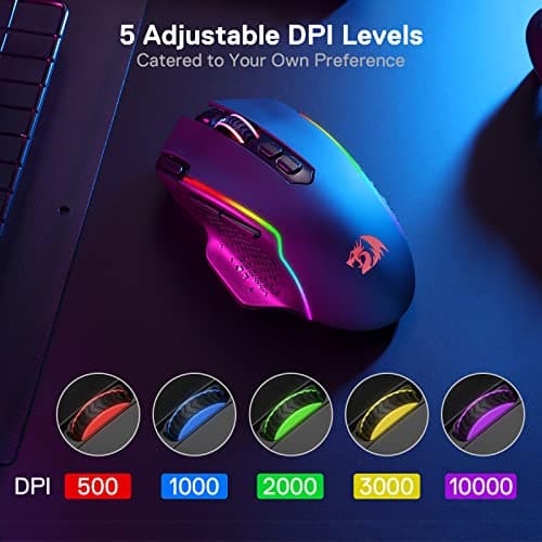 Redragon M810 Pro Wireless Gaming Mouse, 10000 DPI Wired/Wireless Gamer Mouse w/Rapid Fire Key, 8 Macro Buttons, 45-Hour Durable Power Capacity and RGB Backlit for PC/Mac/Laptop 5